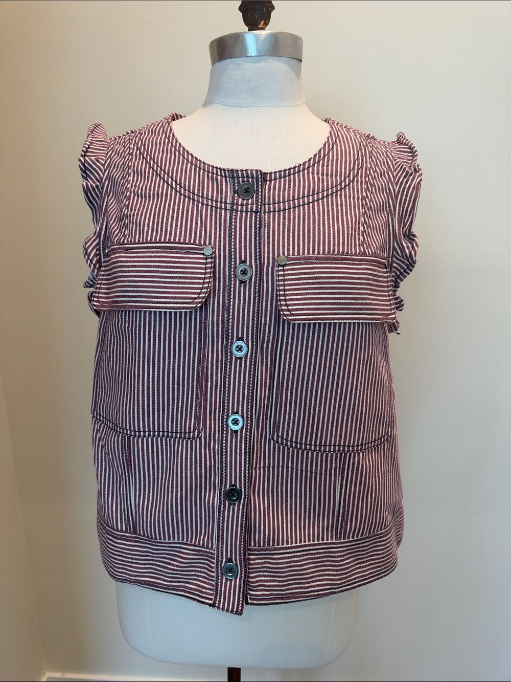 Pilcro Denim Striped Sleeveless Button-Front Top with Ruffle Sleeves